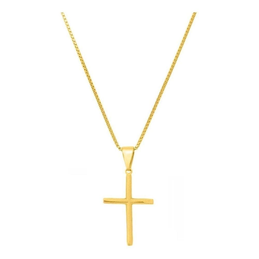 Corrente Fina 70Cm Folheada A Ouro Masculina Pingente Cruz