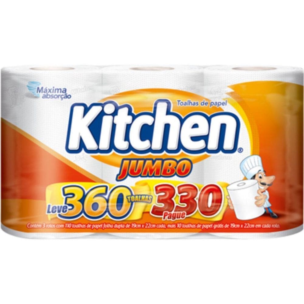 Papel Toalha Kitchen Jumbo Folha Dupla - Pack Com 3 Rolos