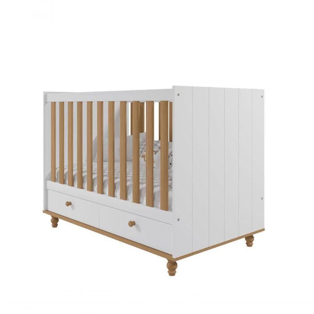 Berço 2 Gavetas Grade Fixa 100% Mdf Candy Permobili Branco/Nature Branco/Nature