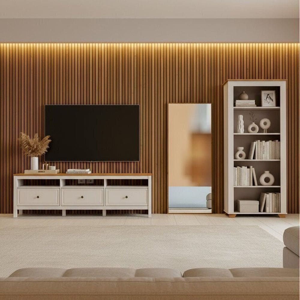 Conjunto de Sala 3 Peças com 1 Rack, 1 Estante e 1 Espelho Ananda Cabecasa Madeiramadeira Off White/Mel