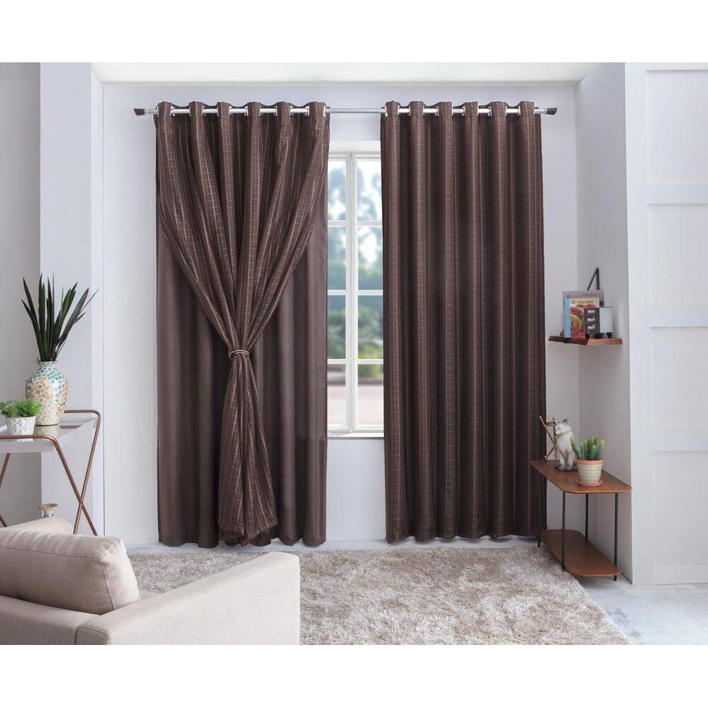 Cortina Sala Quarto Voal Xadrez Com Forro Marron 3,00X2,20