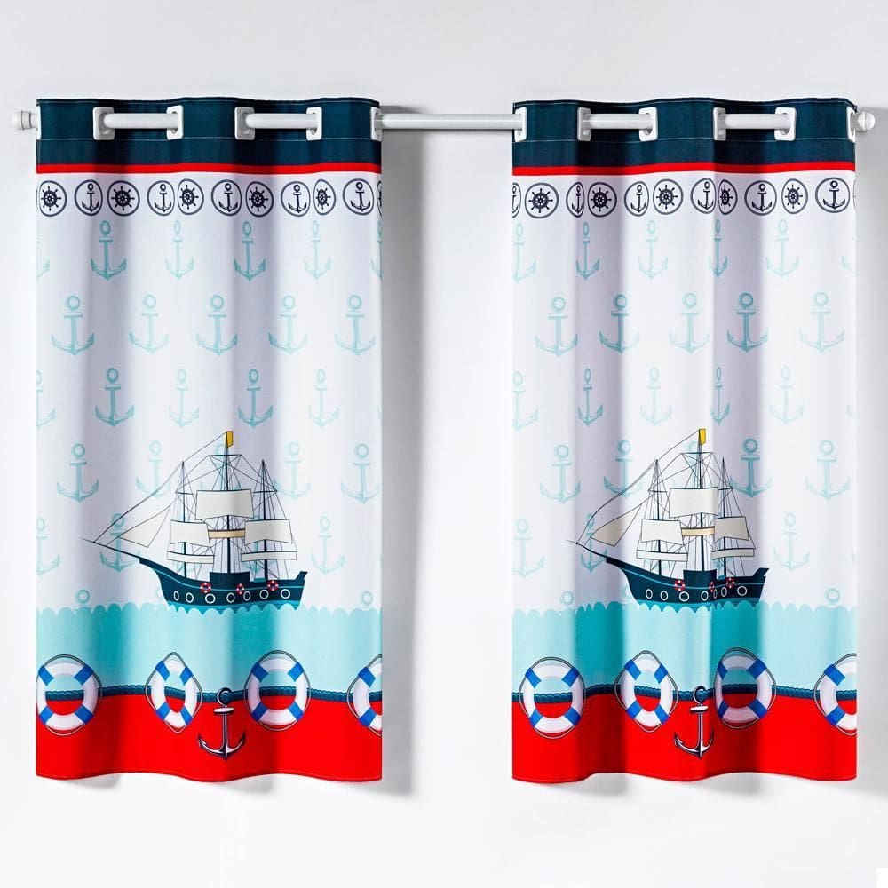 Cortina Varão Oxford 2Mx1,30M Barco Pirata Marinheiro Azul