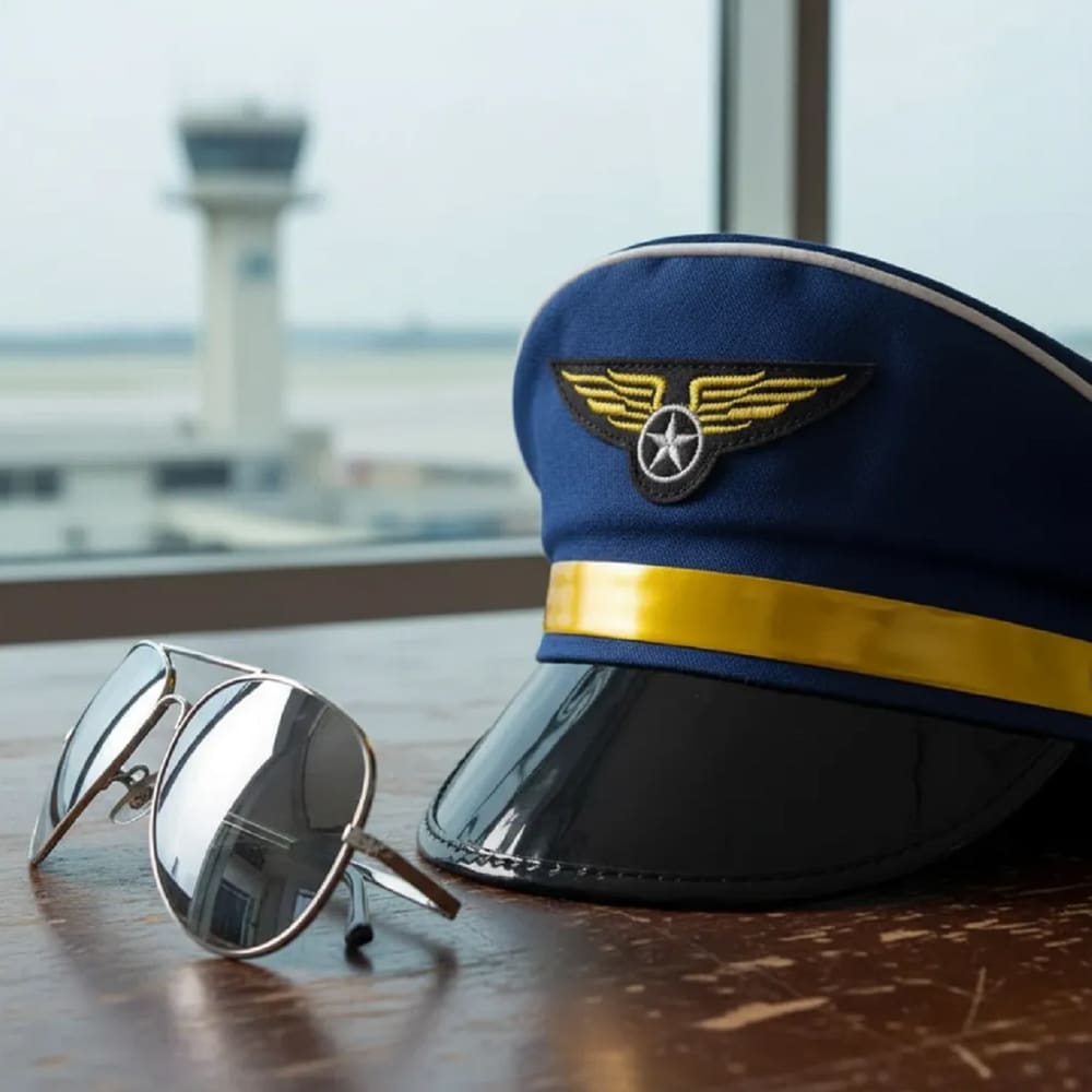 Fantasia De Piloto Aviador Unissex C/ Quepe Azul e Óculos Espelhado