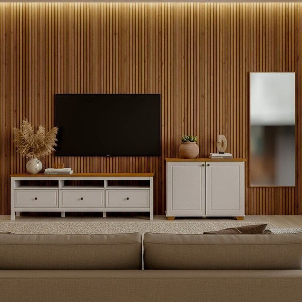 Conjunto de Sala 3 Peças com 1 Rack, 1 Armário e 1 Espelho Ananda Cabecasa Madeiramadeira Off White/Mel