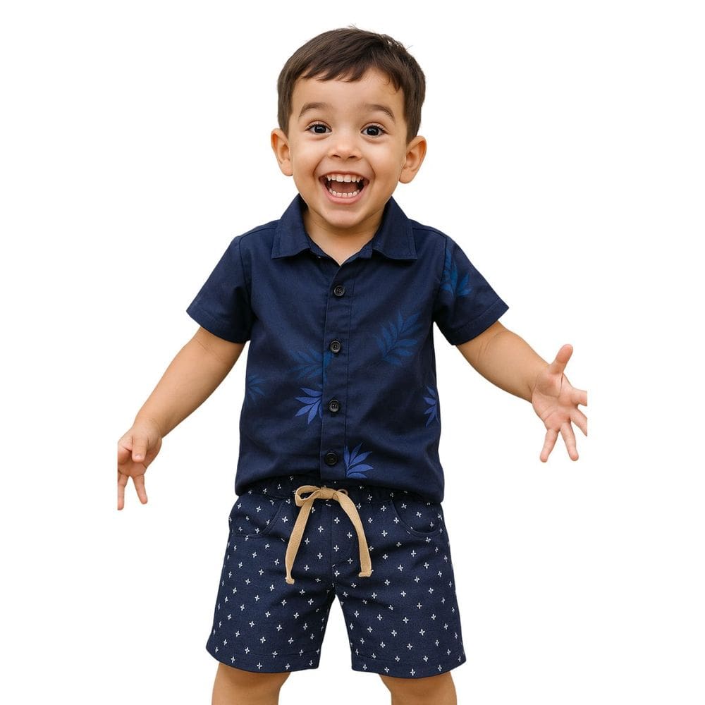 Conjunto Infantil Camisa e Bermuda Azul Estampado Menino
