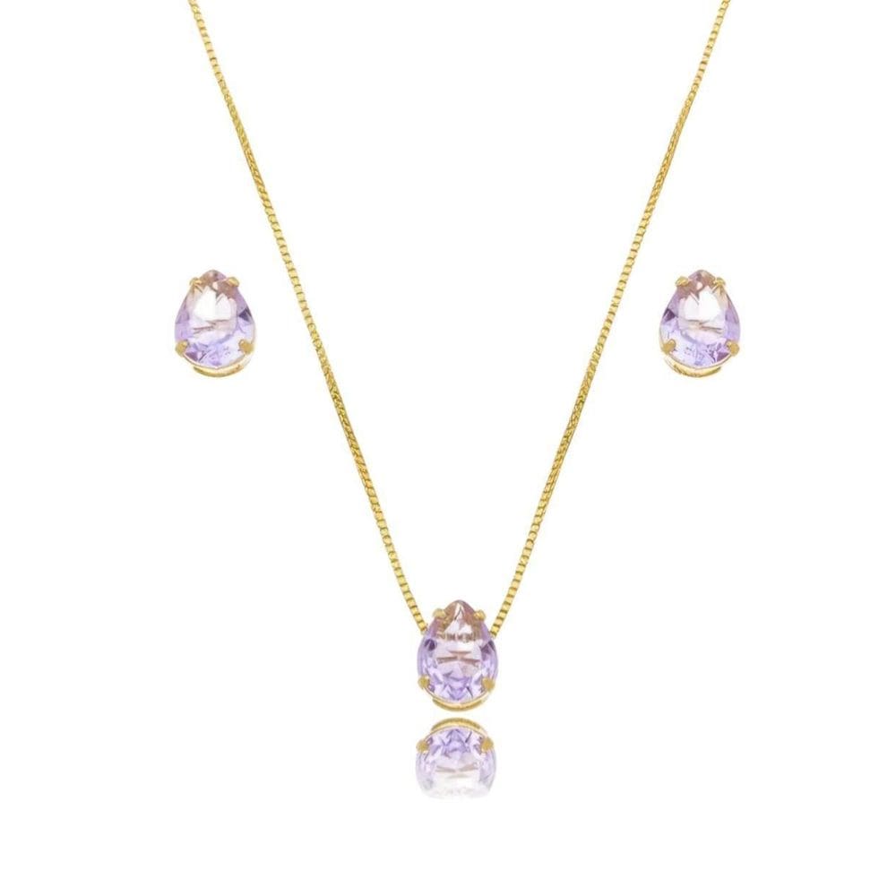 Conjunto Colar E Brinco Gota Lavanda Dourado Lizzy Fatin