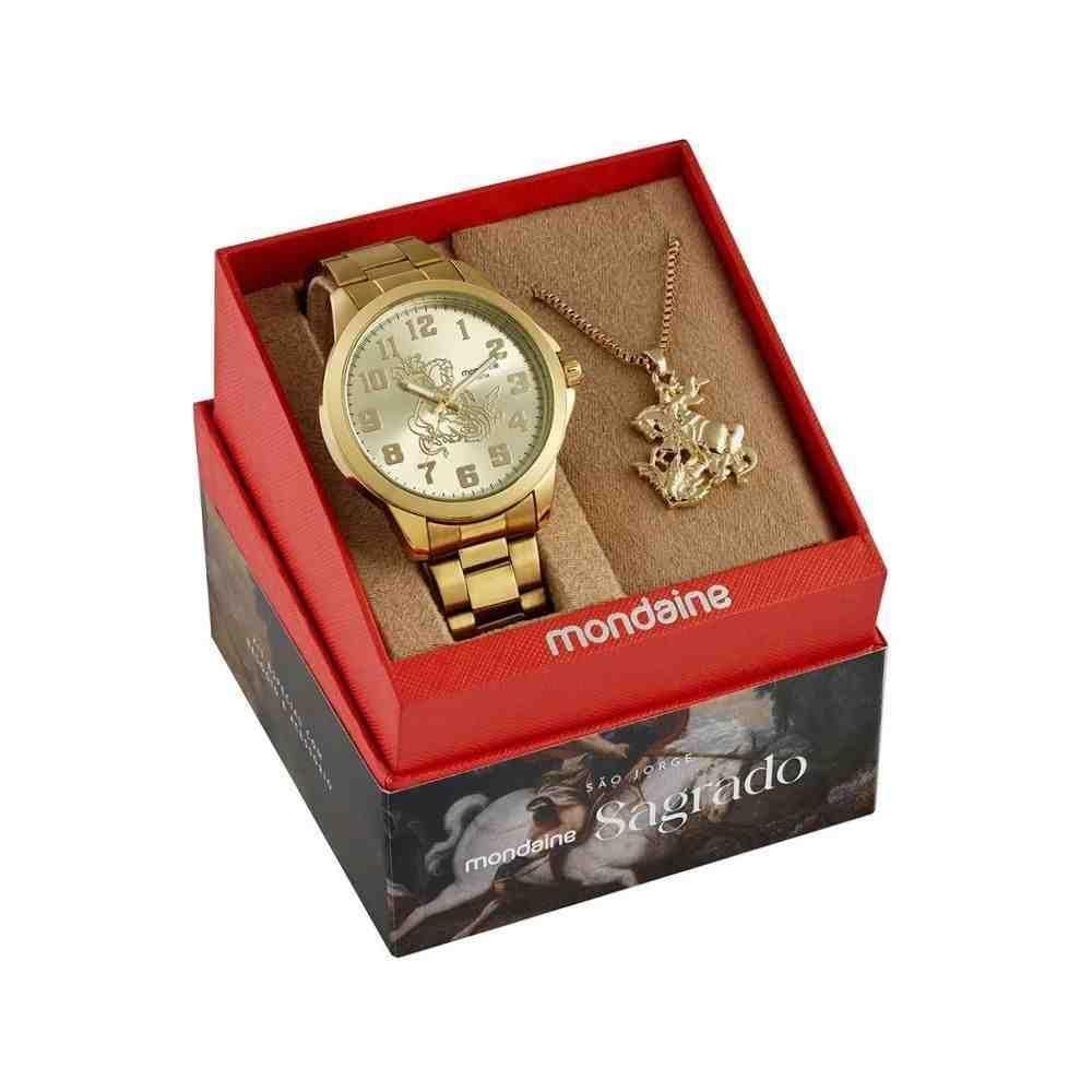 Kit Relógio+Cordão São Jorge Dourado Masculino 99754Gpmvde1K