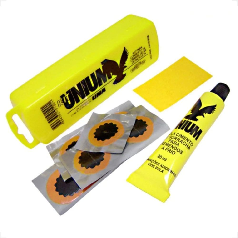 Kit Estojo Reparo Remendo a frio Pneu Bike Bicicleta + 6 Remendos + Cola Unium + Lixa