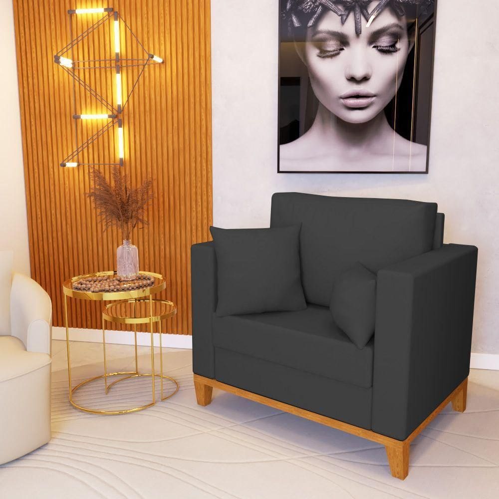 Poltrona Beny Decorativa Com 2 Almofadas Veludo Cinza Base Em Madeira Maciça