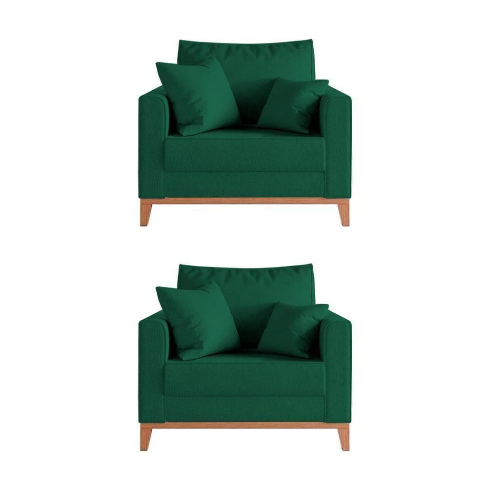 Kit 2 Poltronas Beny Para Recepção Com 2 Almofadas Veludo Verde Base Em Madeira Maciça
