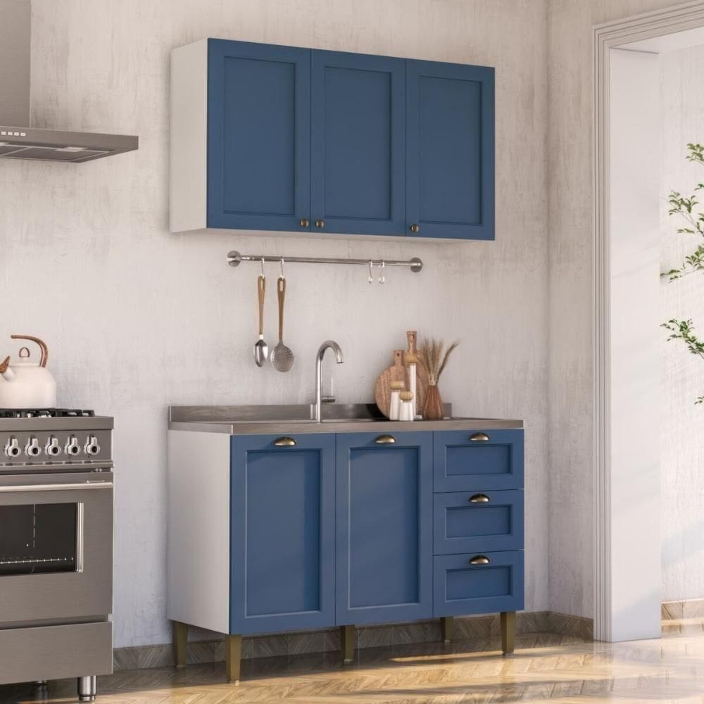 Armário De Cozinha Americana Modulada 120cm Com Balcão Para Pia Multimóveis Cr20492 Branco-Azul
