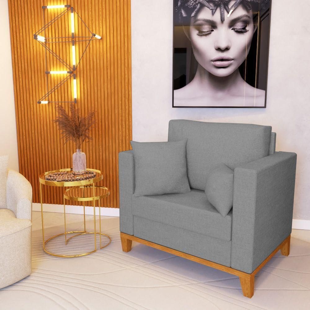 Poltrona Beny Decorativa Com 2 Almofadas Linho Cinza Base Em Madeira Maciça