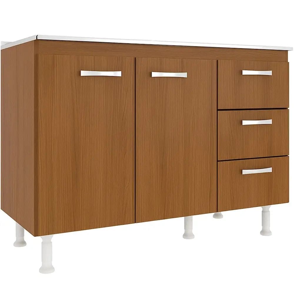 Balcão Cozinha com Tampo 2 Portas 3 Gavetas Evidencia Moveis Cor Mogno