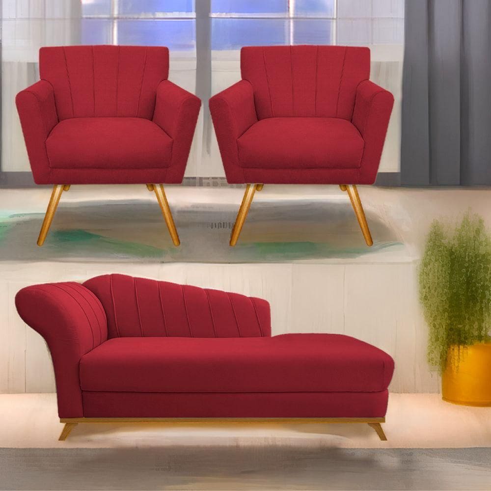 Kit Diva Recamier Vanessa 185Cm Lado Direito E 02 Poltronas Laura Suede Cor Vermelho