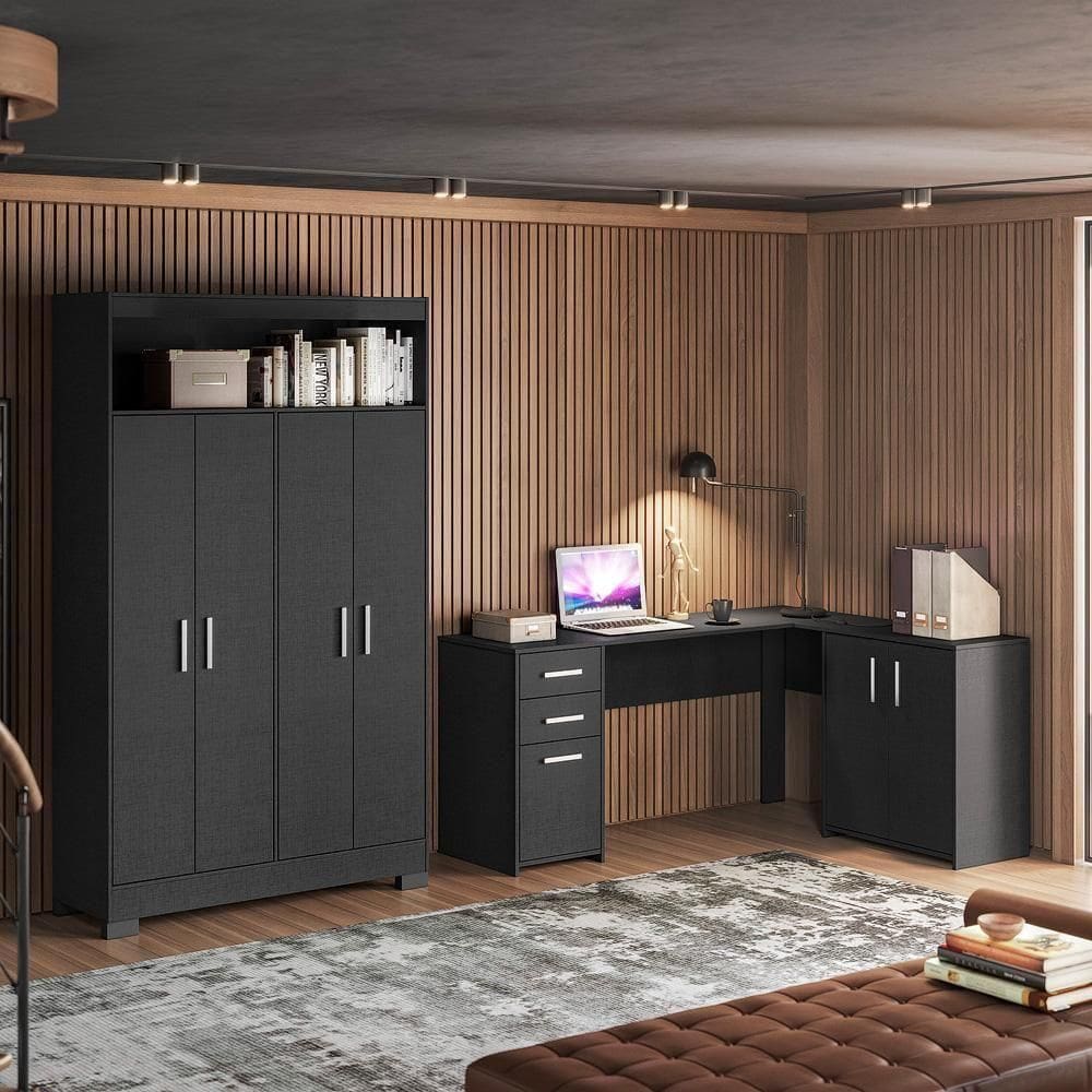 Conjunto Para Escritório 2 Peças Com Escrivaninha Em L E Armário Multiuso 4 Portas Preto Tx Notável Móveis Preto Tx