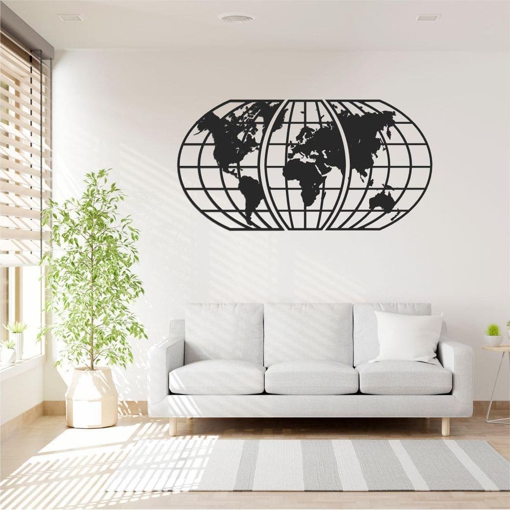Quadro Decoração Vazado Mapa Mundi World Triplo Preto 70X37