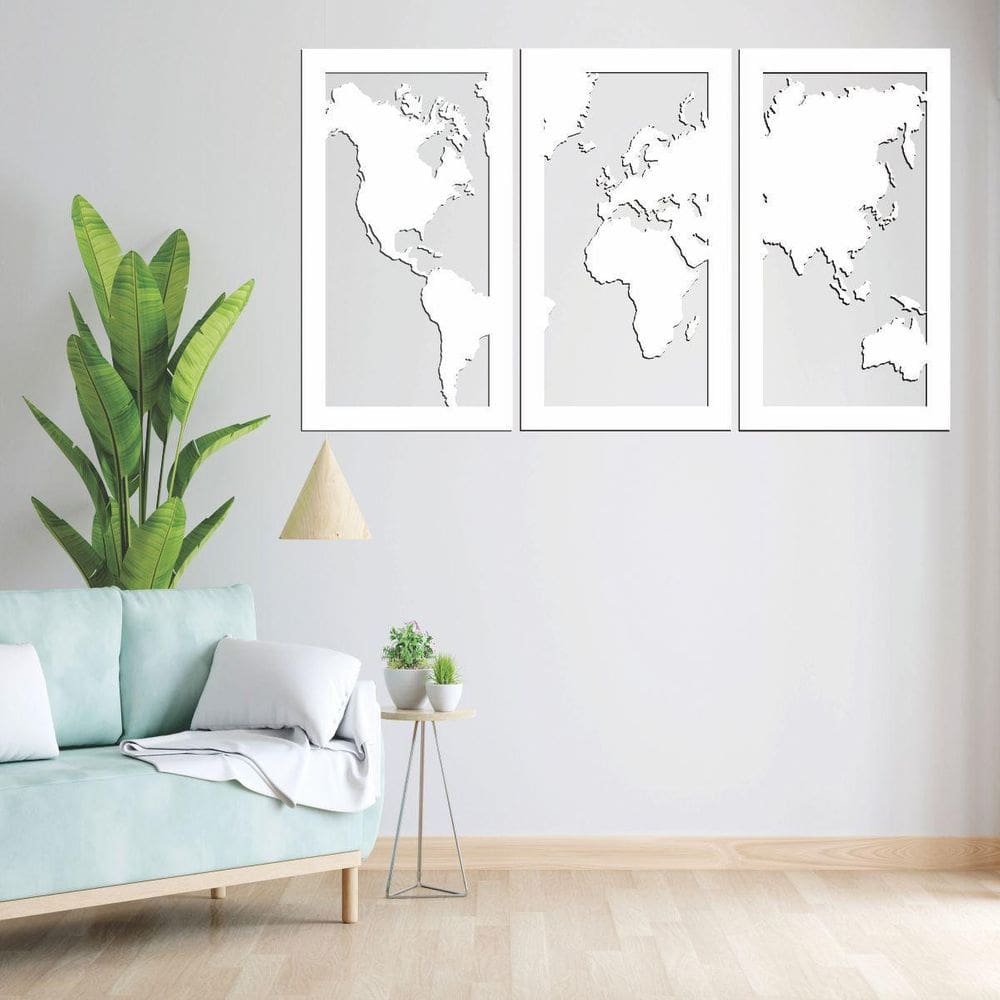 Quadro Decoração Vazado Mapa Mundi Mdf 6Mm Branco 70X40 Cm