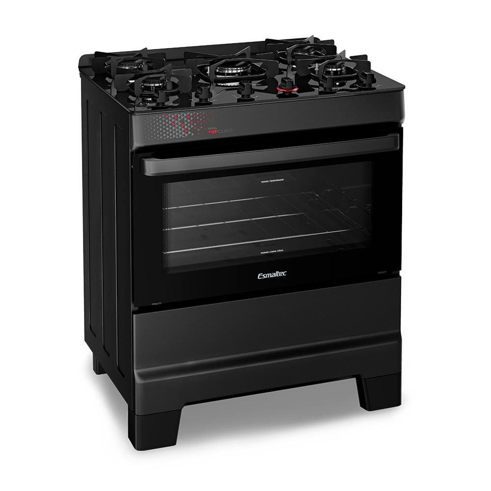 Fogão a Gás Mesa de Vidro Forno 84L Limpa Fácil e Acendimento Automático Esmaltec IDEAL Top Glass T5VAP Cor Preto 5 bocas Bivolt