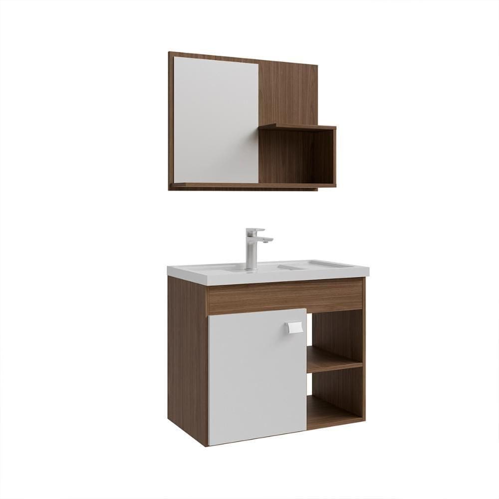 Gabinete Armário Para Banheiro Bia Com Cuba E Espelheira Amendoa/branco