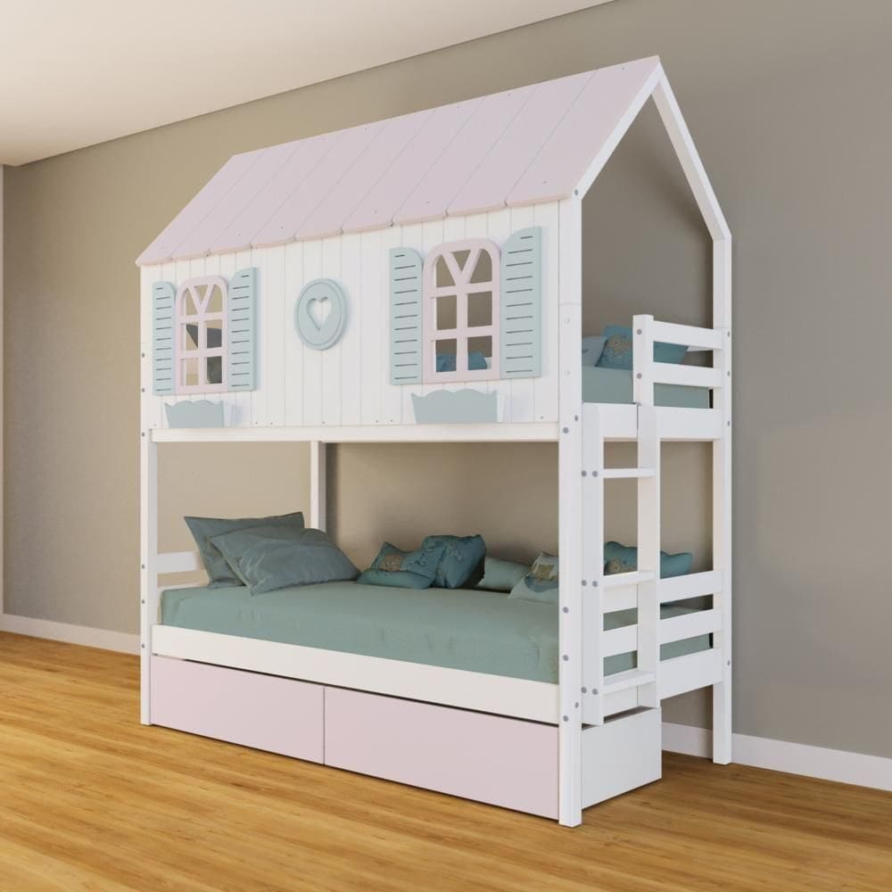 Beliche Casinha Bela Com Coração 2 Gavetas Rosa Madeira Maciça Branco/rosa/verde Housin