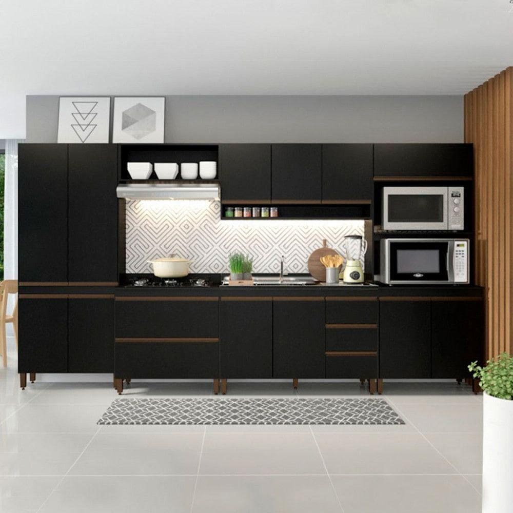 Armário De Cozinha Sabrina 360x202cm 6 Peças Mdp Menu Móveis Preto