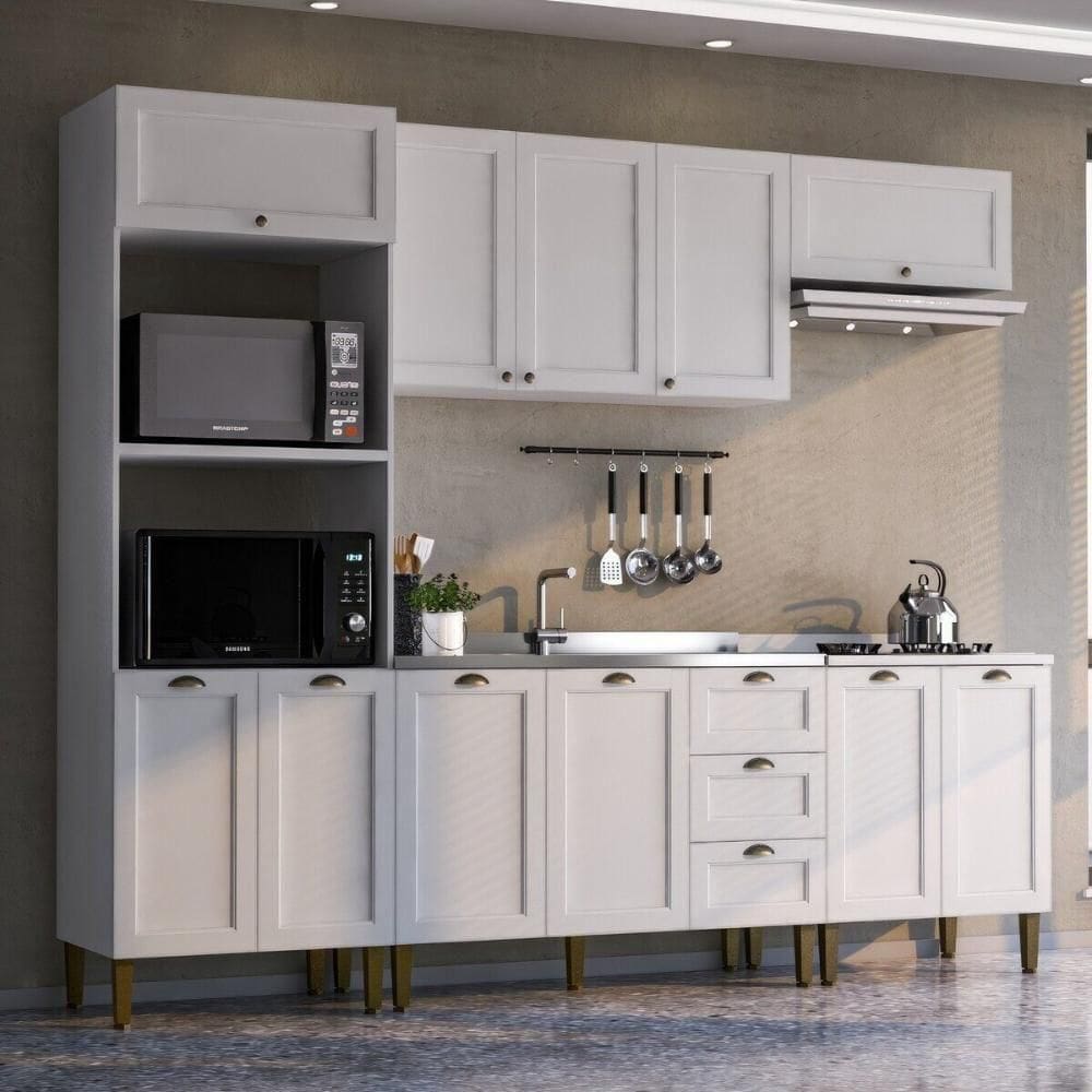 Armário Cozinha Americana Modulada Completa 260cm 5 Peças Com Balcão Multimóveis Cr20495 Branco