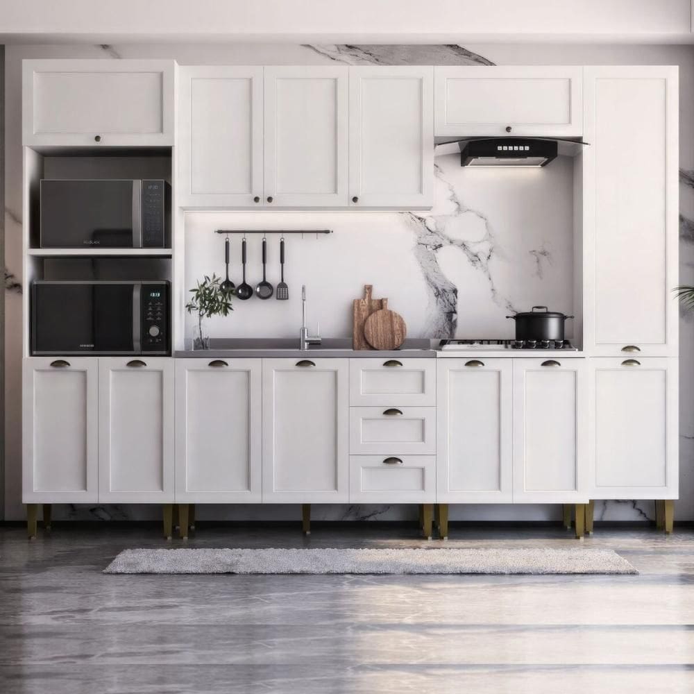 Armário Cozinha Americana Modulada Completa 305cm Com Balcão Multimóveis Cr20496 Branco