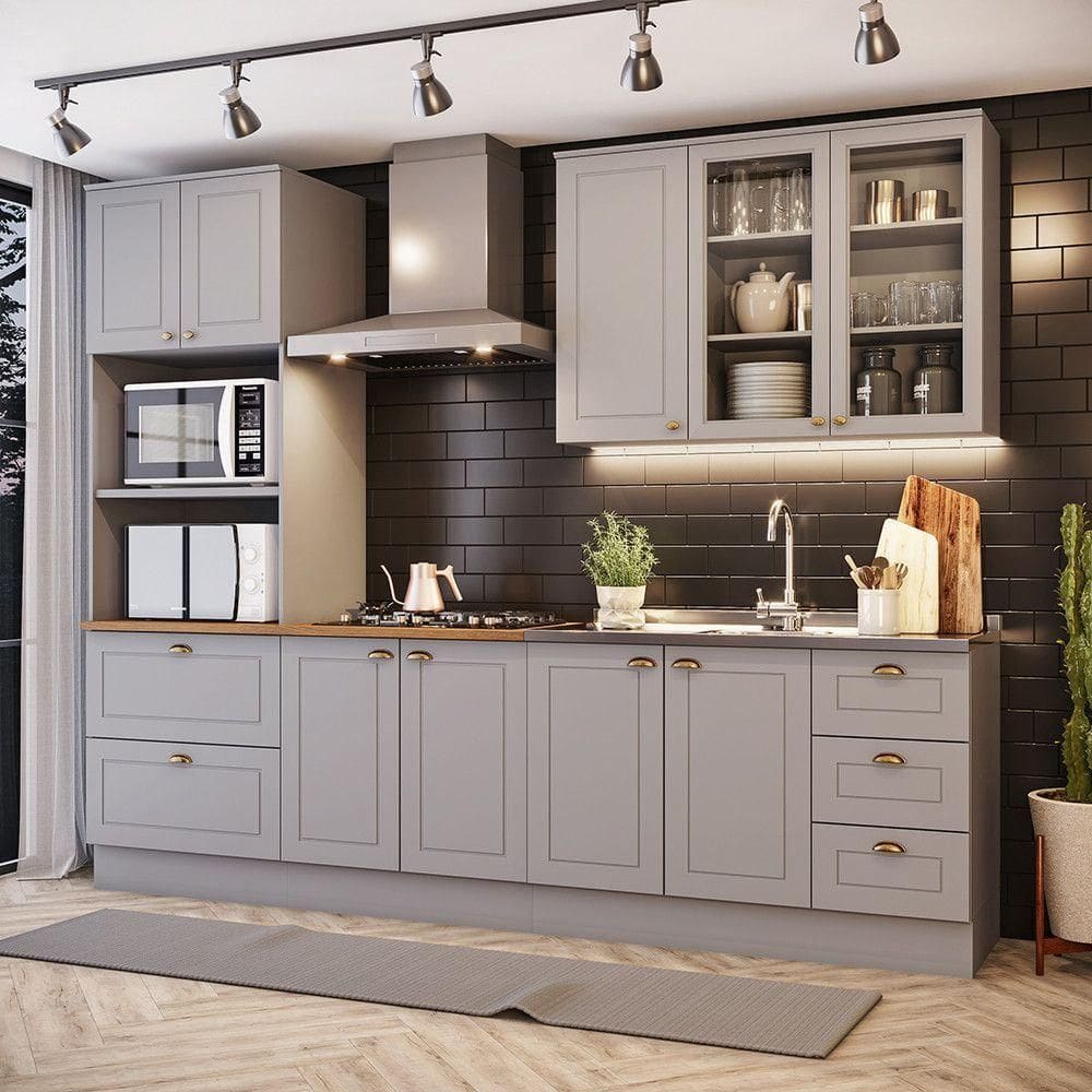 Cozinha Completa 4 Peças Com Aéreo 3 Portas Com Vidro Amy Casa 812 Cinza