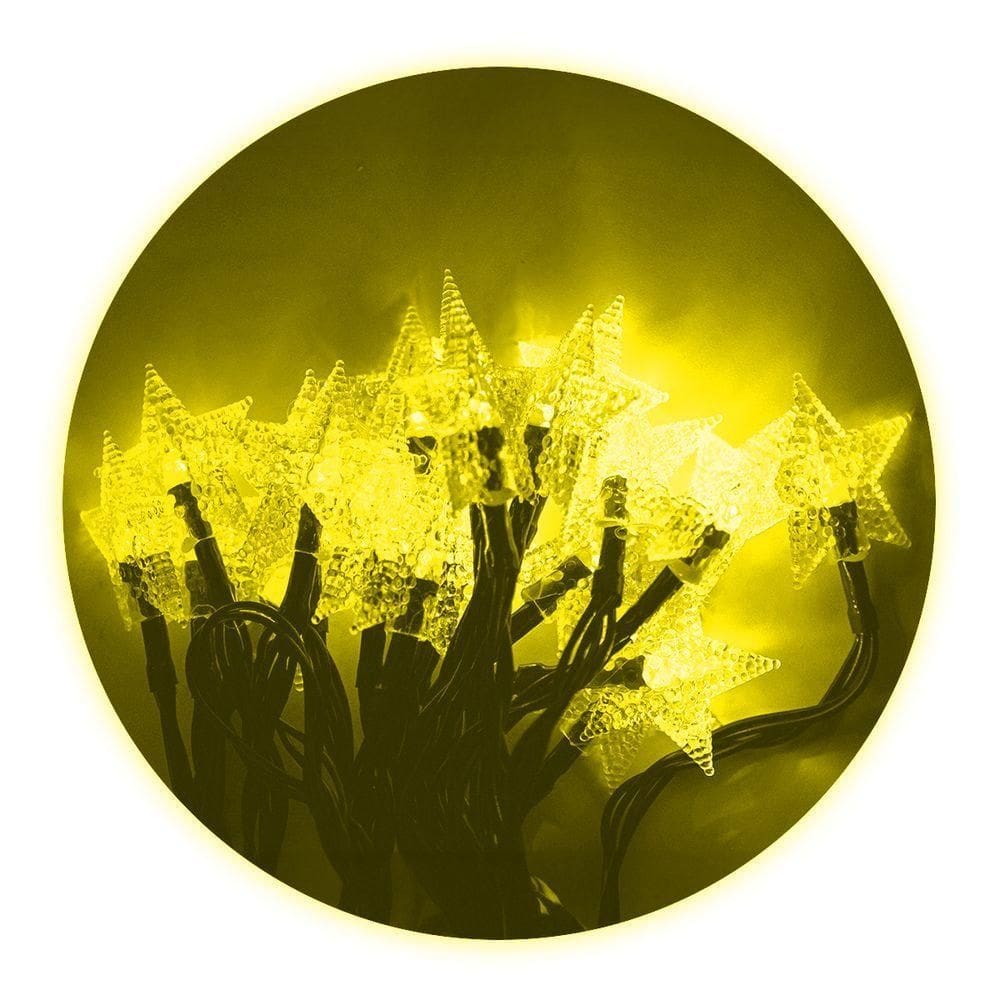 Cordão De Lampadas Led Pisca Formato Estrela 5 Metros 20l Carregamento Solar Natal Amarelo