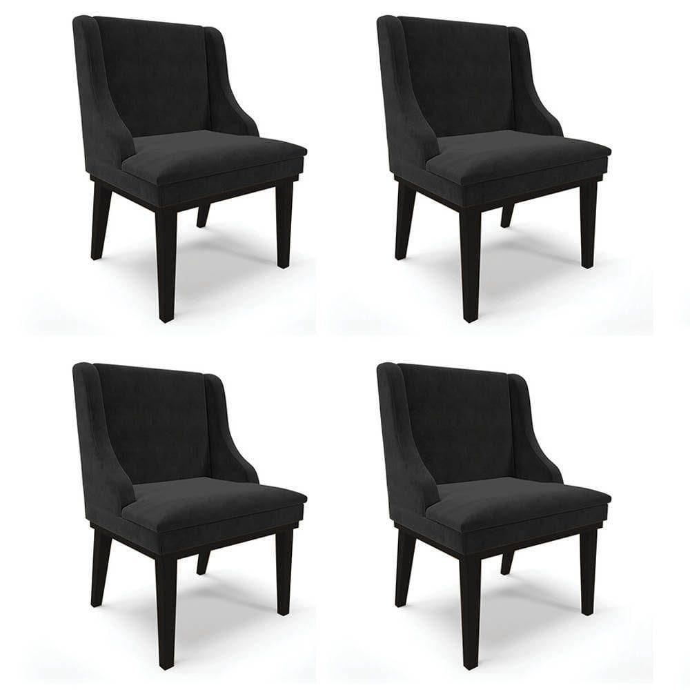 Kit 4 Cadeiras Estofadas Para Sala De Jantar Base Fixa De Madeira Preto Lia Suede Preto - Ibiza