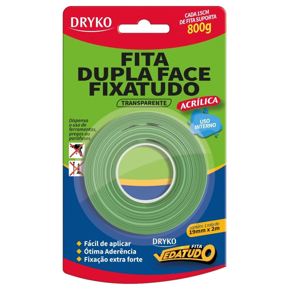 Fita Dupla Face Fixa Tudo Transparente 19mm - DUPLAFACE-TRS19 - DRYKO