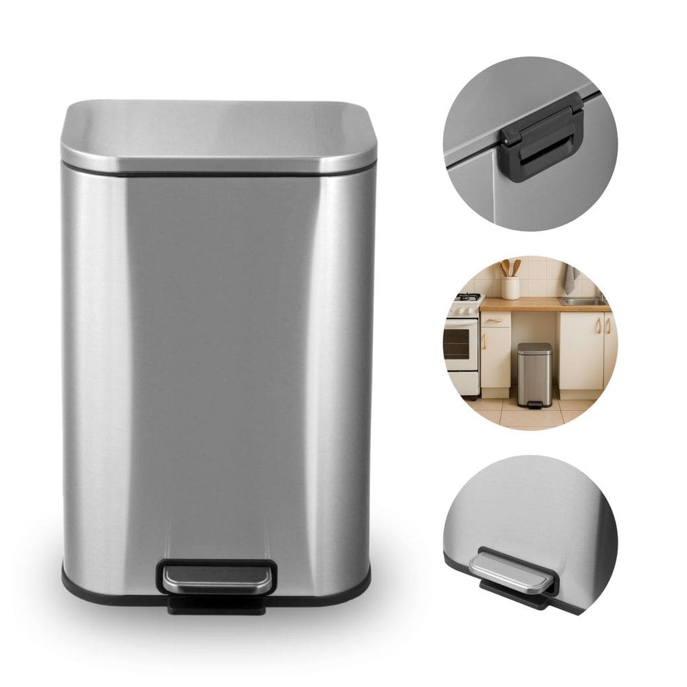 Lixeira Inox 12 Litros Retangular com Pedal, Fechamento Suave e Cesto Removível Ideal para Cozinha e Banheiro Brinovar