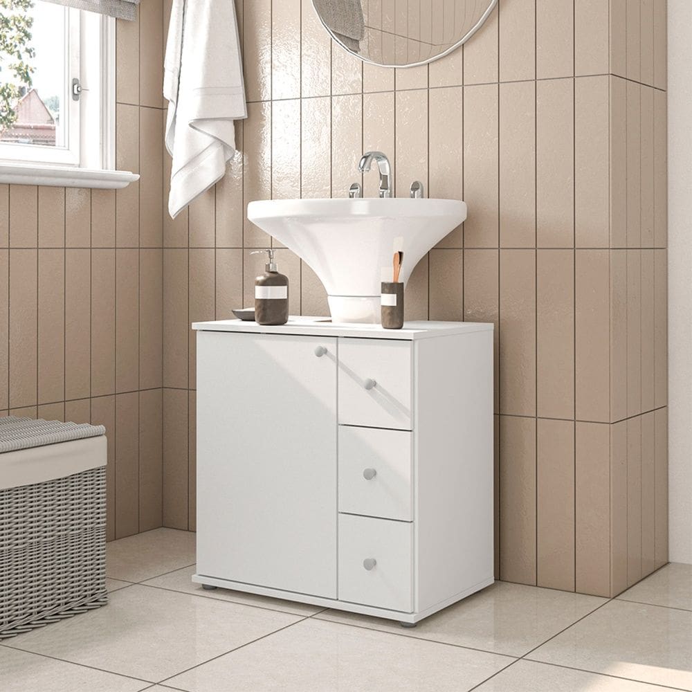 Balcão Para Banheiro 1 Porta 3 Gavetas Branco Politorno Móveis