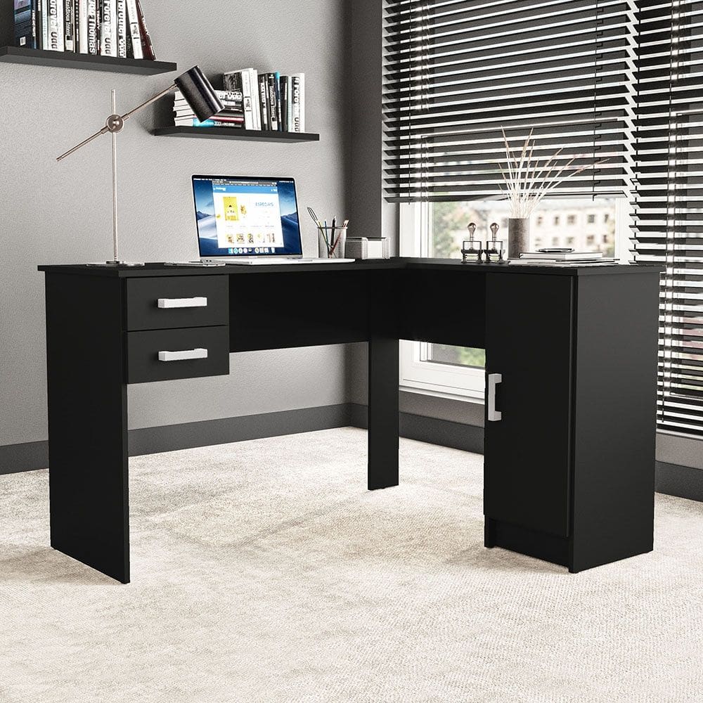 Mesa Barcelona 2 Gavetas 1 Porta Preto Politorno Móveis