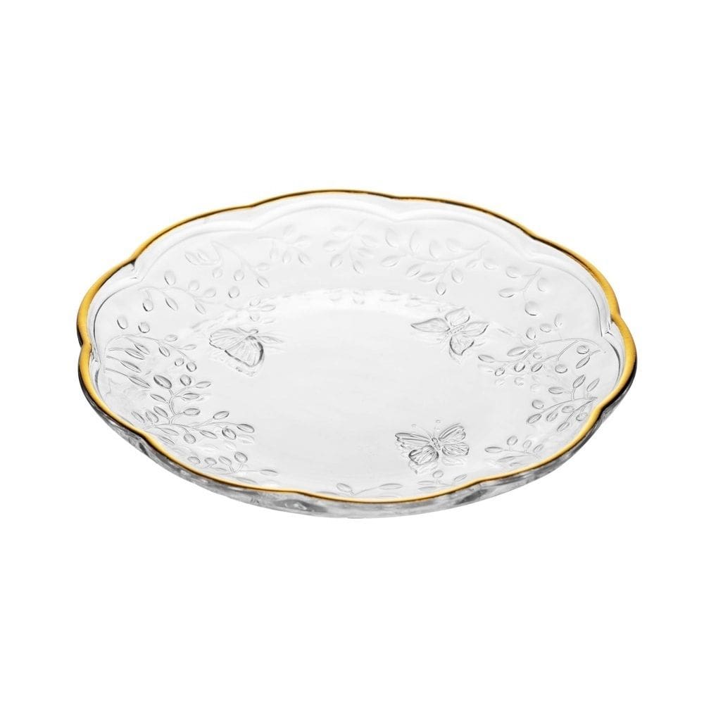 Prato Raso P/Sobremesa de Cristal New Butterfly Transparente C/Fio de Ouro 20cm Lyor