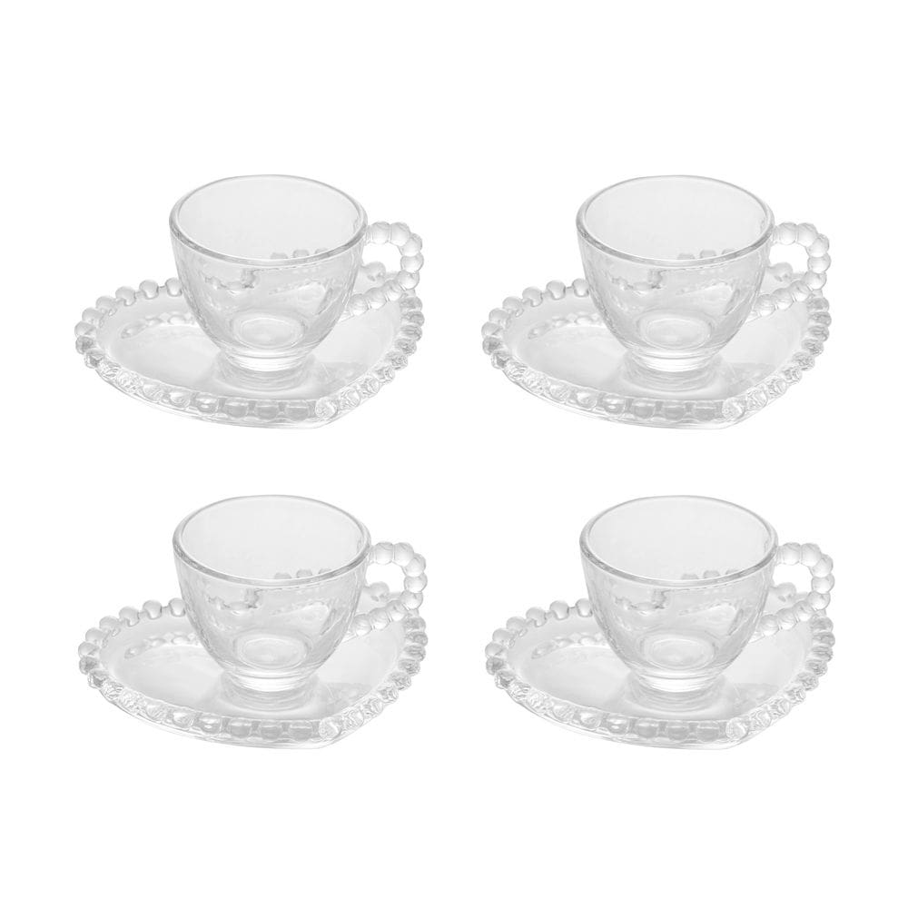 Cj 4 Xícaras P/Café C/Pires de Cristal C/Formato Coração Pearl Bolinha Transparente 85ml Wolff