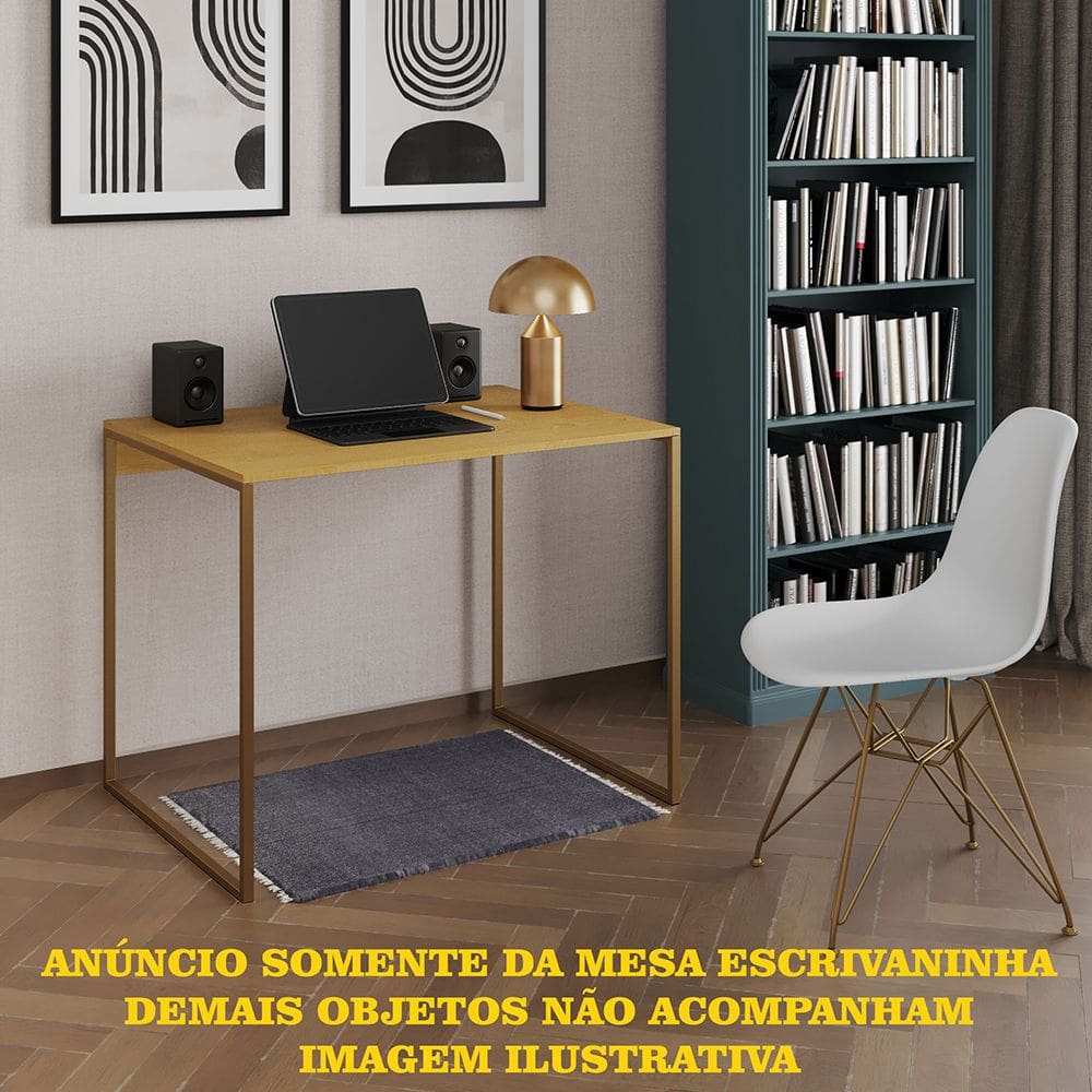 Escrivaninha Industrial Office Canela 90x53 Grécia Base Dourada