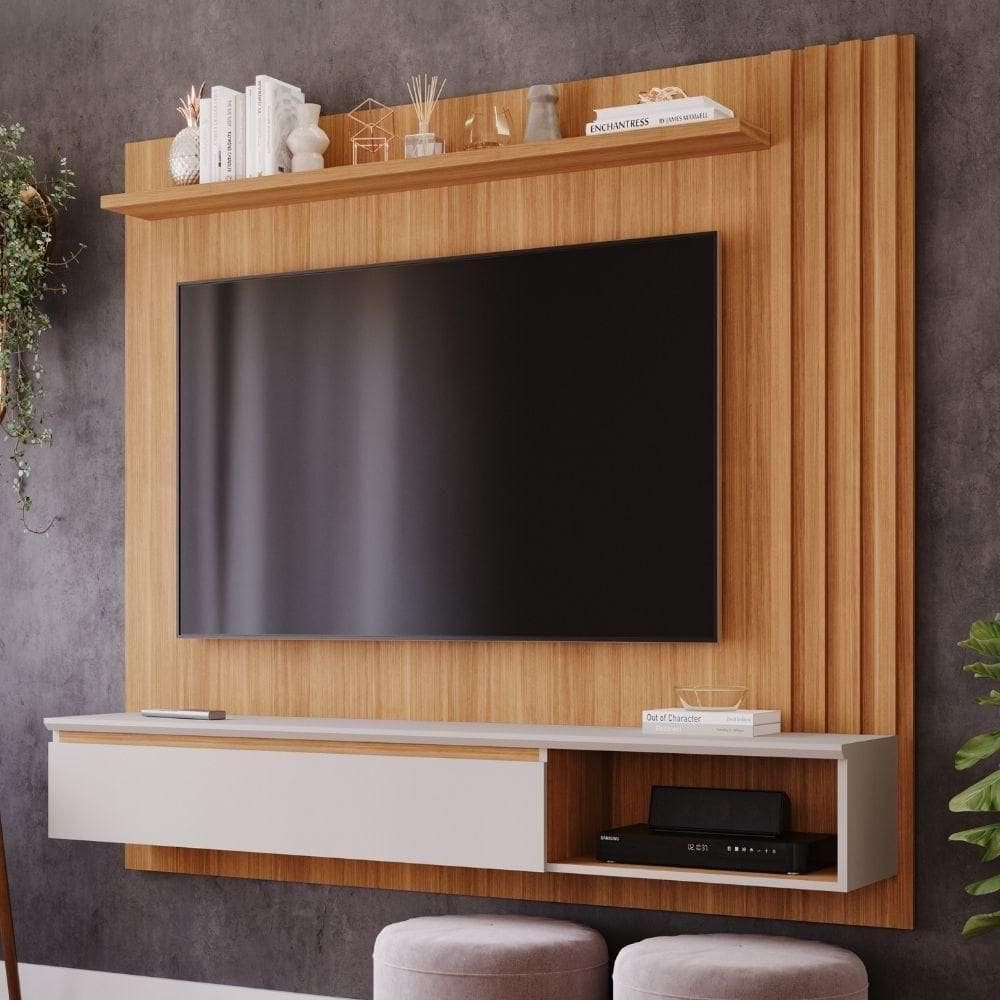 Painel Para Até 60`` Mdf C/ 1 Porta E Nicho Panama Plus Permobili Nature/Off White Nature