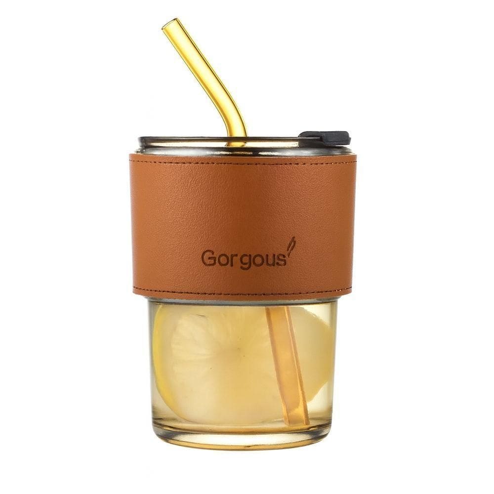 Copo De Vidro Com Canudo Tampa E Vedação 450ml Dourado