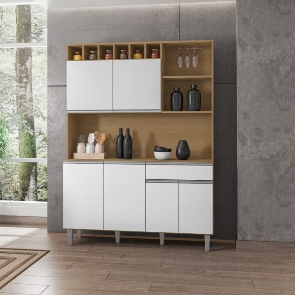 Armário Cozinha Completo Robin Amendoa Branco 6 Portas