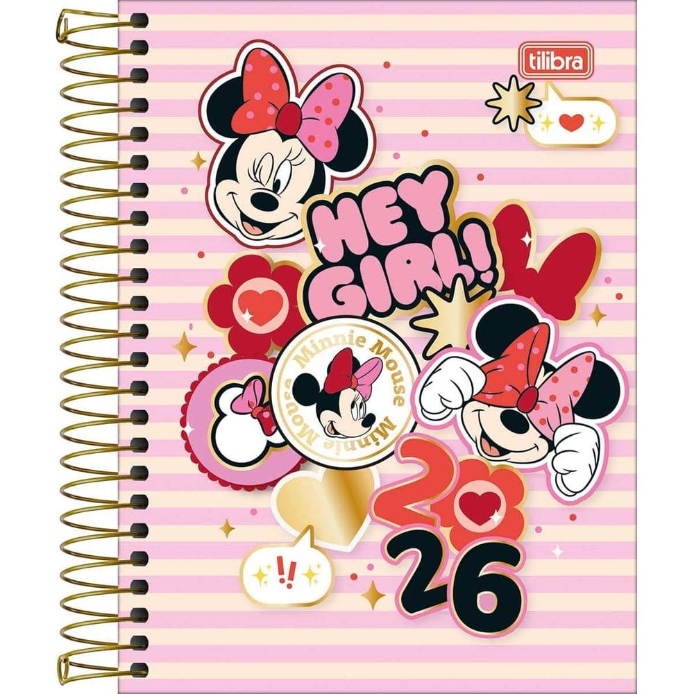 Tilibra - Agenda Espiral Diária 11,7 x 16,4 cm Minnie 2026 - Minnie Listras - TILIBRA