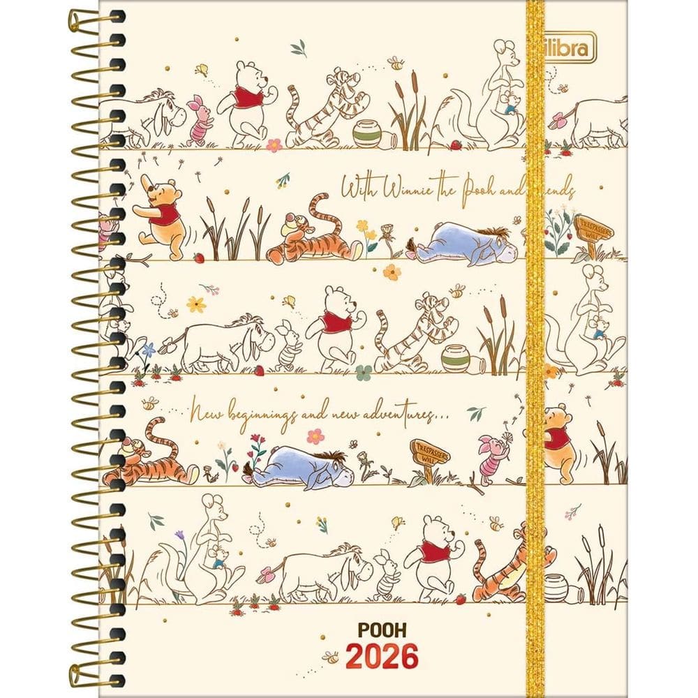 Tilibra - Planner Espiral 17,7 x 24 cm Pooh 2026 - Bege - Personagens Caminhando - TILIBRA