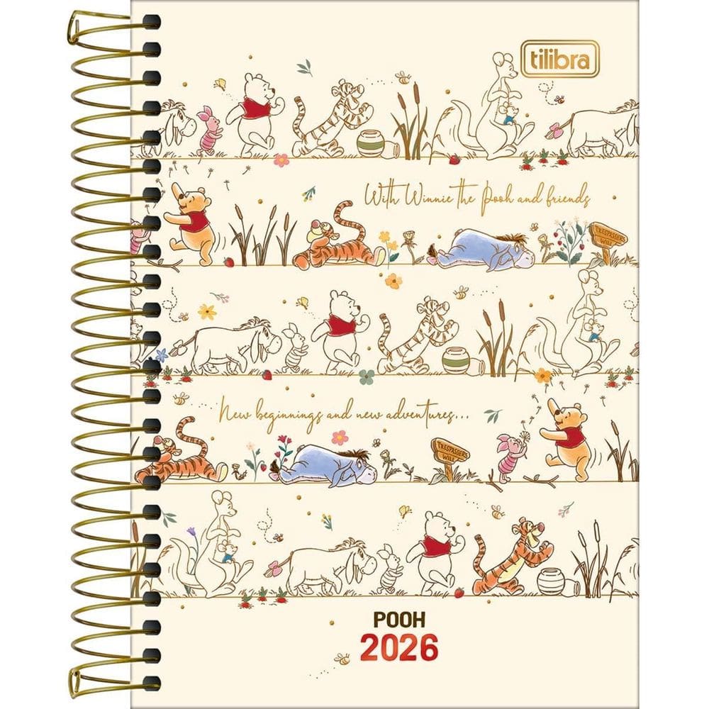 Tilibra - Agenda Espiral Diária 12,9 x 18,7 cm Pooh 2026 - Bege - Personagens Caminhando - TILIBRA