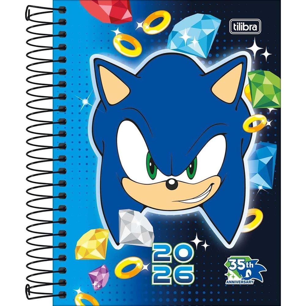 Tilibra - Agenda Espiral Diária 11,7 x 16,4 cm Sonic 2026 - Fundo Azul com rosto - TILIBRA