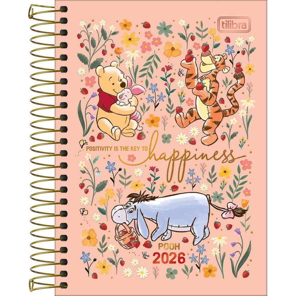Tilibra - Agenda Espiral Diária 12,9 x 18,7 cm Pooh 2026 - Rosé - Happiness