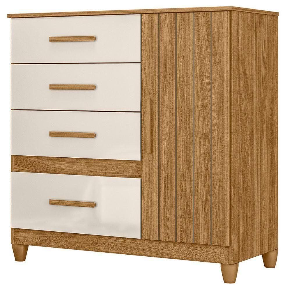 Comoda Venus 4 Gavetas 1 Porta Com Pes 98 Cm Freijo Off White Friso Moval