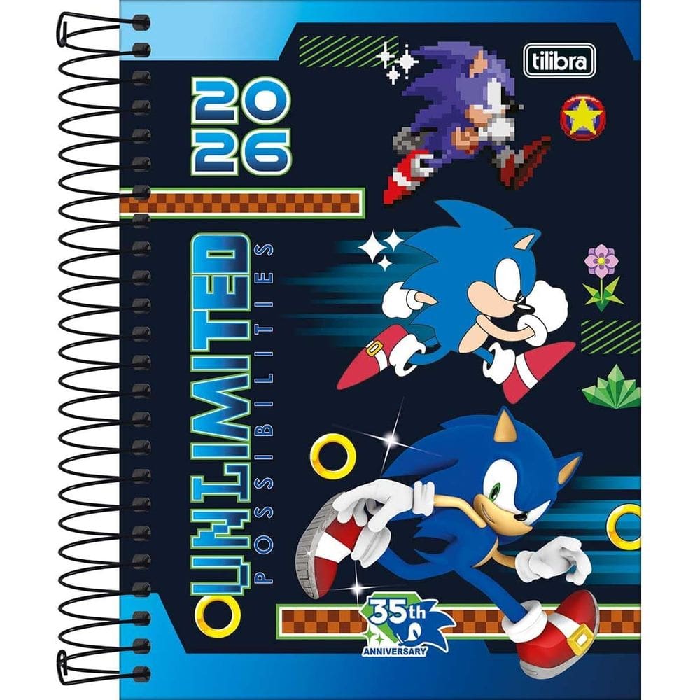Tilibra - Agenda Espiral Diária 11,7 x 16,4 cm Sonic 2026 - Fundo Preto e Azul - TILIBRA