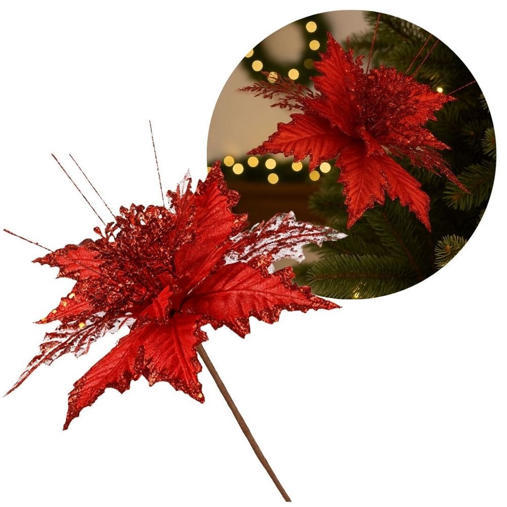 Pick Natalino Flor Bico de Papagaio Vermelho Borda Glitter Luxo 25cm x 16cm