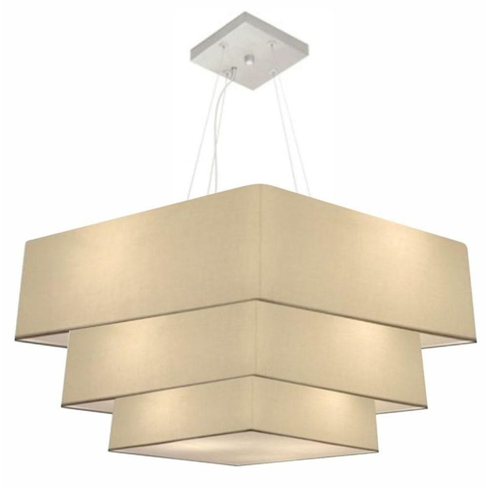 Lustre Pendente Triplo Quadrado Md-4165 Cúpula Em Tecido Algodão Crú - Bivolt