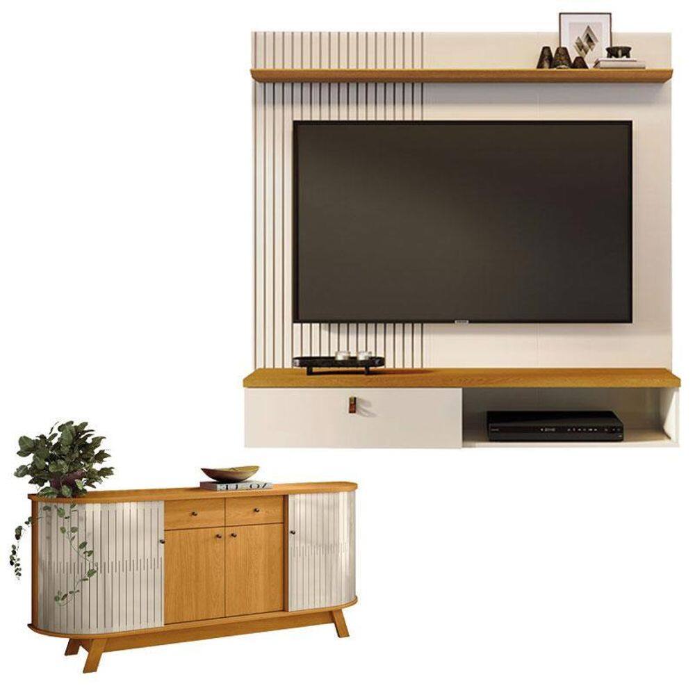 Estante Home Theater Suspenso Íris com Aparador para Sala Buffet Mônaco Cinamomo Off White - Madetec